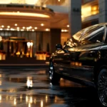 Black luxury limousine parked in downtown Denver ready for a private event.