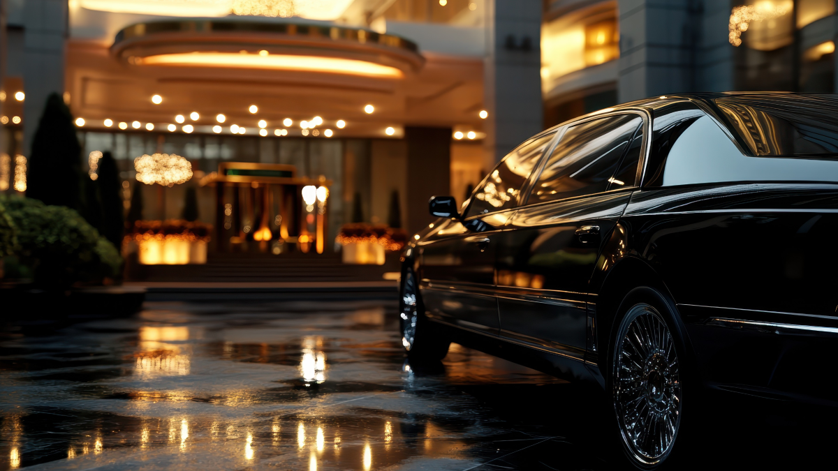 Black luxury limousine parked in downtown Denver ready for a private event.